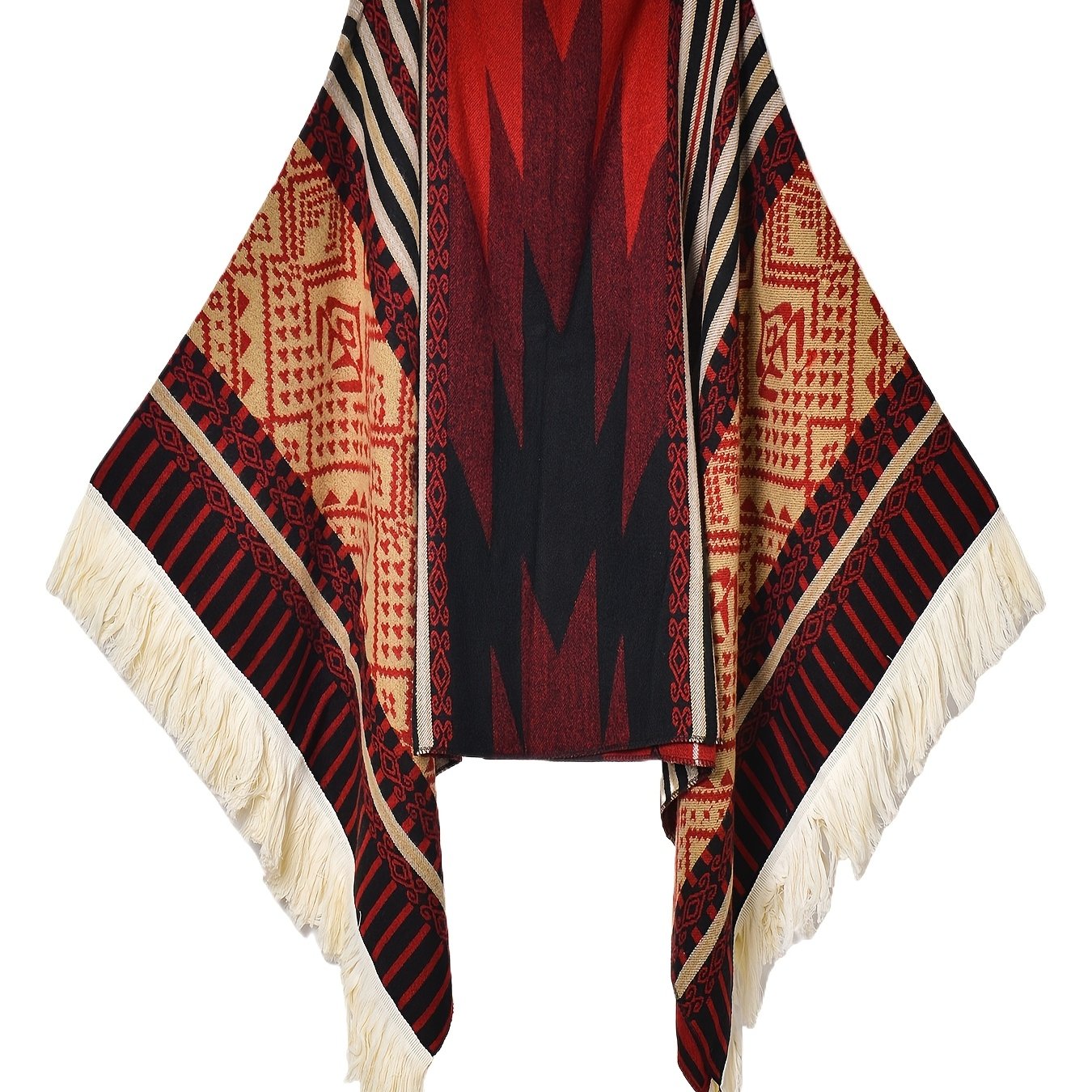 Men's Western Bandit Cape Coat with Tribal Print, Warm V-Neck Poncho with Tassel Trim for Outdoor Adventures, Fall and Winter Casual Wear (Brown\u002F White)