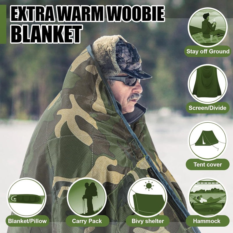 XL Camo Woobie Blanket Heavy-Duty High Quality & Windproof - Sherpa Lining, Extra-Thick, Outdoor Survival Bed for Hunting, Camping, Stadium Events - Suitable for s &, Picnic, Cold Weather