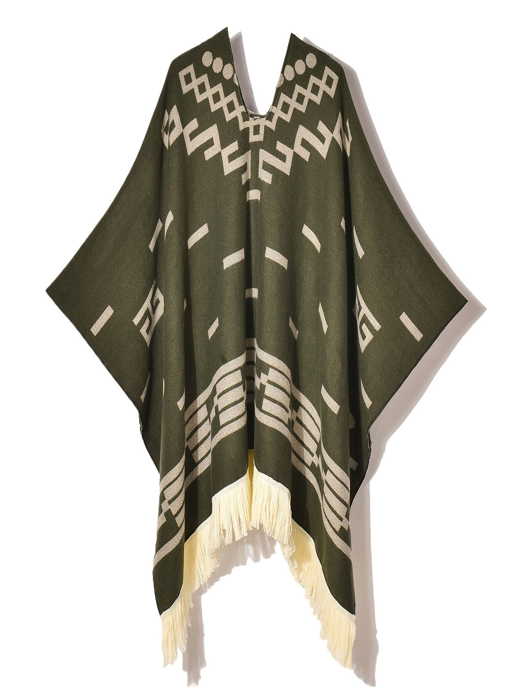 Men's Western Bandit Cape Coat with Tribal Print, Warm V-Neck Poncho with Tassel Trim for Outdoor Adventures, Fall and Winter Casual Wear (Brown\u002F White)