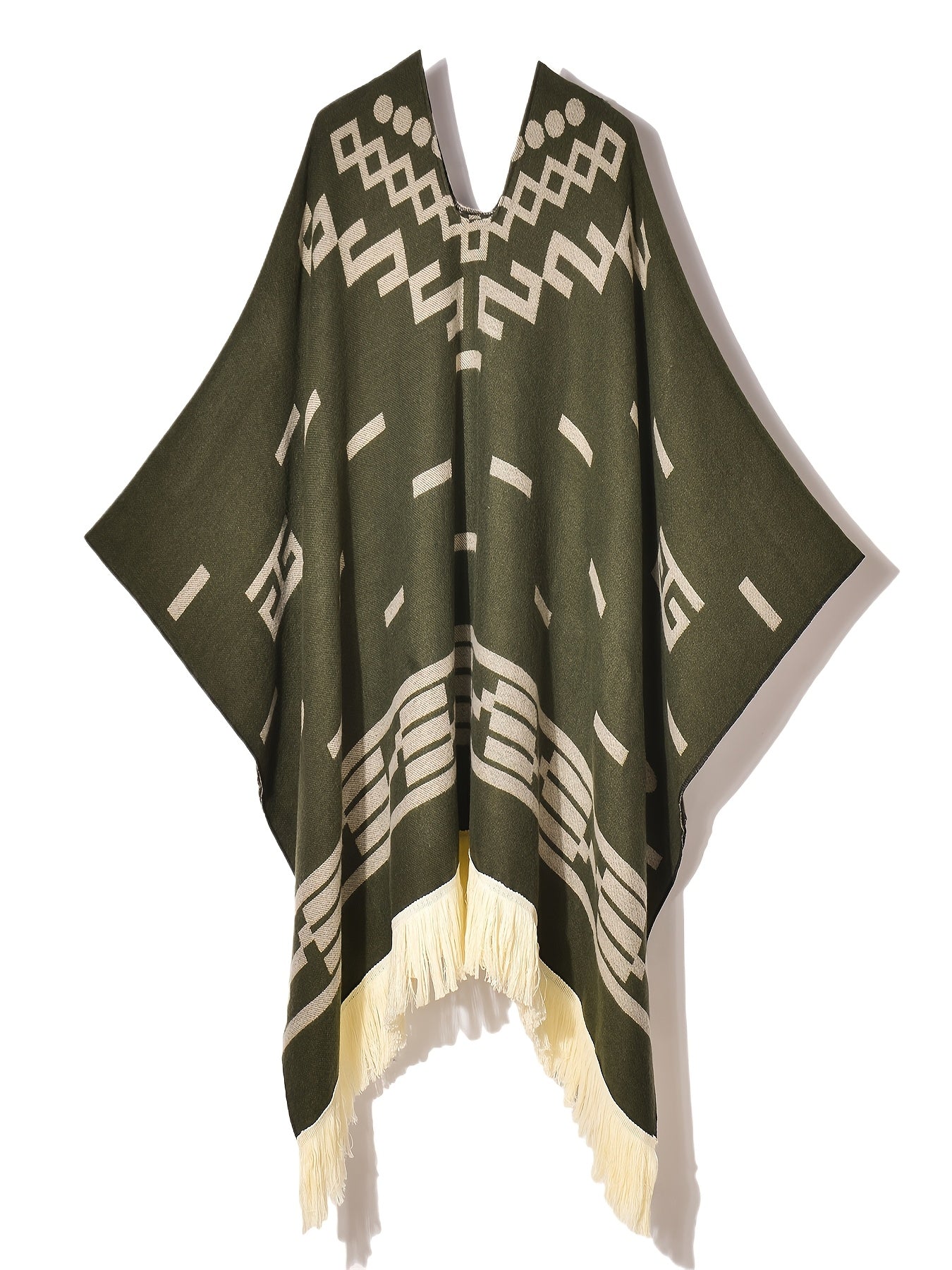 Men's Western Bandit Cape Coat with Tribal Print, Warm V-Neck Poncho with Tassel Trim for Outdoor Adventures, Fall and Winter Casual Wear (Brown\u002F White)