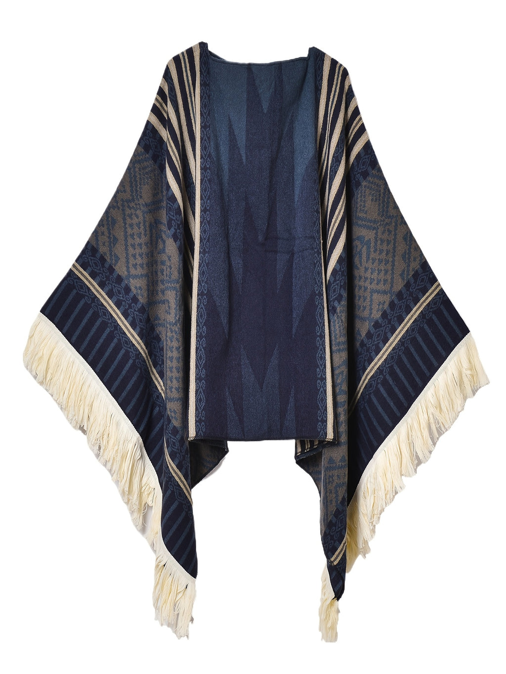 Men's Western Bandit Cape Coat with Tribal Print, Warm V-Neck Poncho with Tassel Trim for Outdoor Adventures, Fall and Winter Casual Wear (Brown\u002F White)