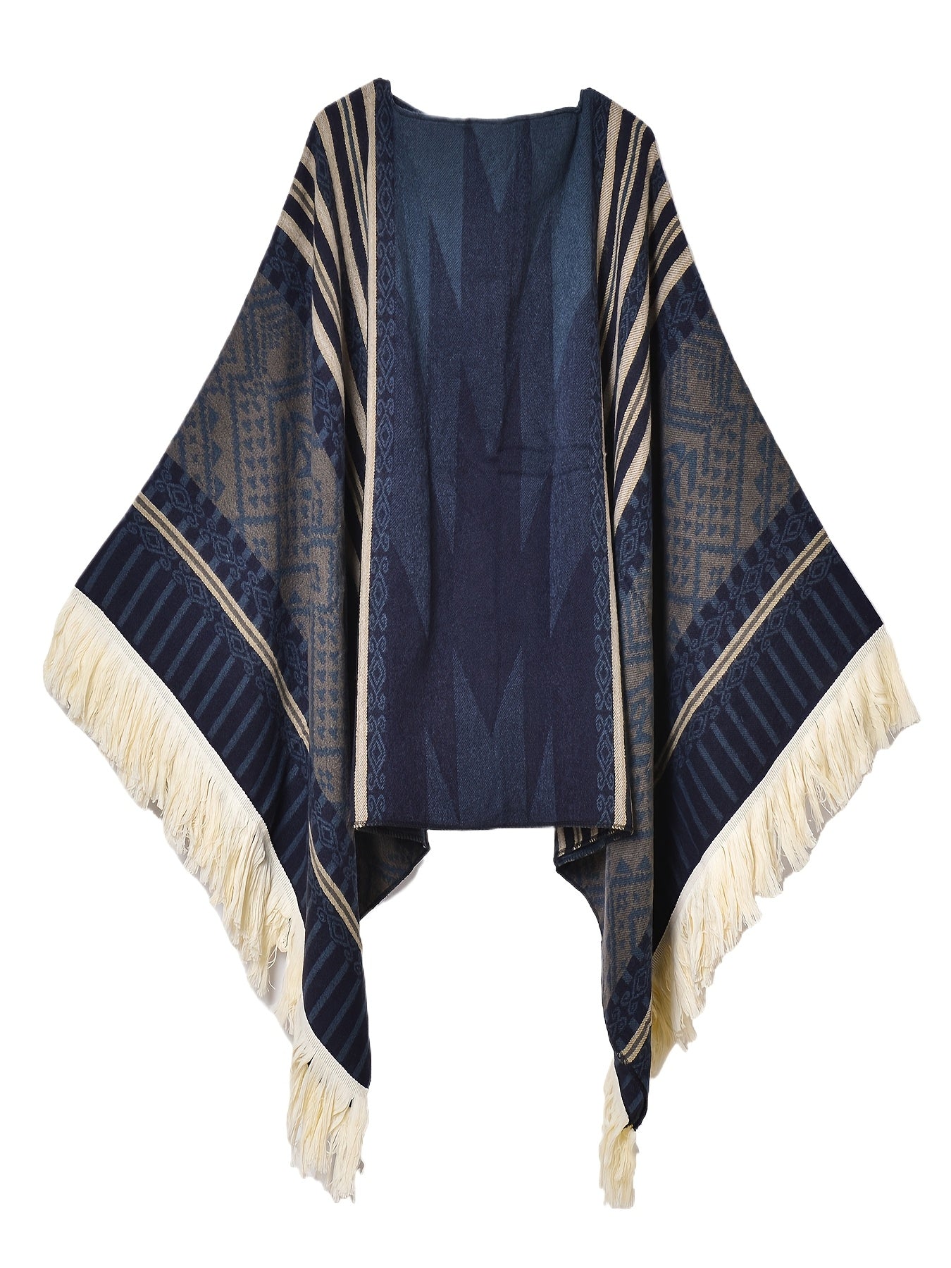 Men's Western Bandit Cape Coat with Tribal Print, Warm V-Neck Poncho with Tassel Trim for Outdoor Adventures, Fall and Winter Casual Wear (Brown\u002F White)