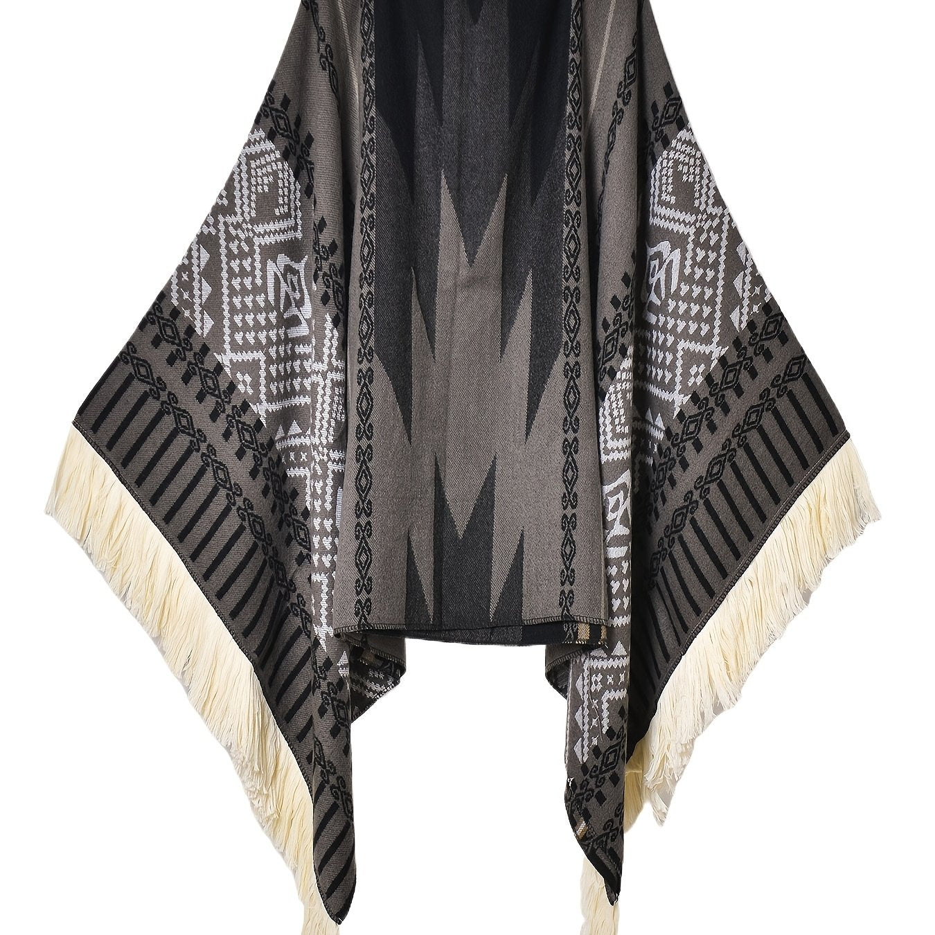 Men's Western Bandit Cape Coat with Tribal Print, Warm V-Neck Poncho with Tassel Trim for Outdoor Adventures, Fall and Winter Casual Wear (Brown\u002F White)
