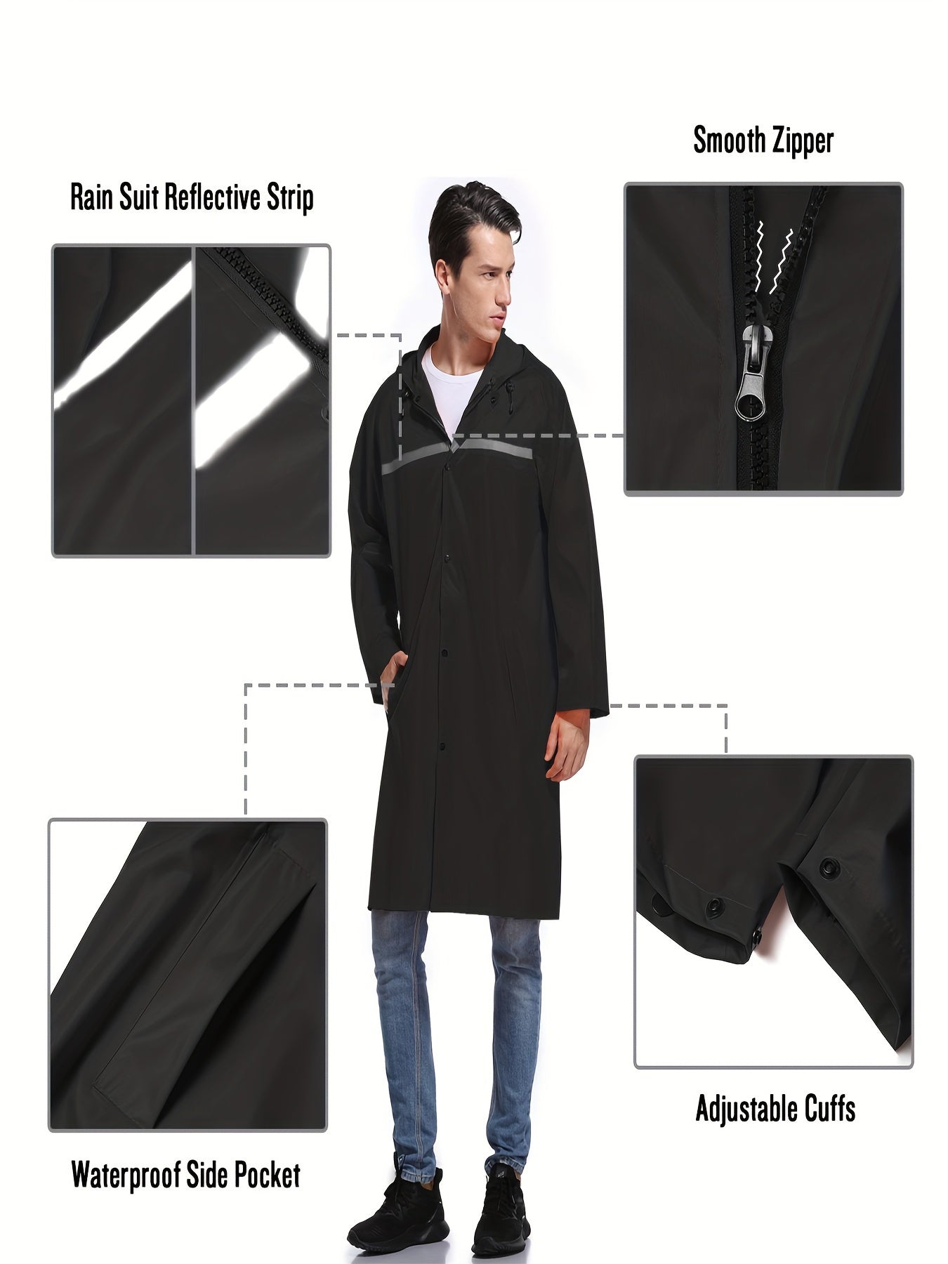 Mens Long Hooded Jacket Waterproof Emergency Coat Poncho Lightweight Reflective With Packable Hood For Men Women Adults