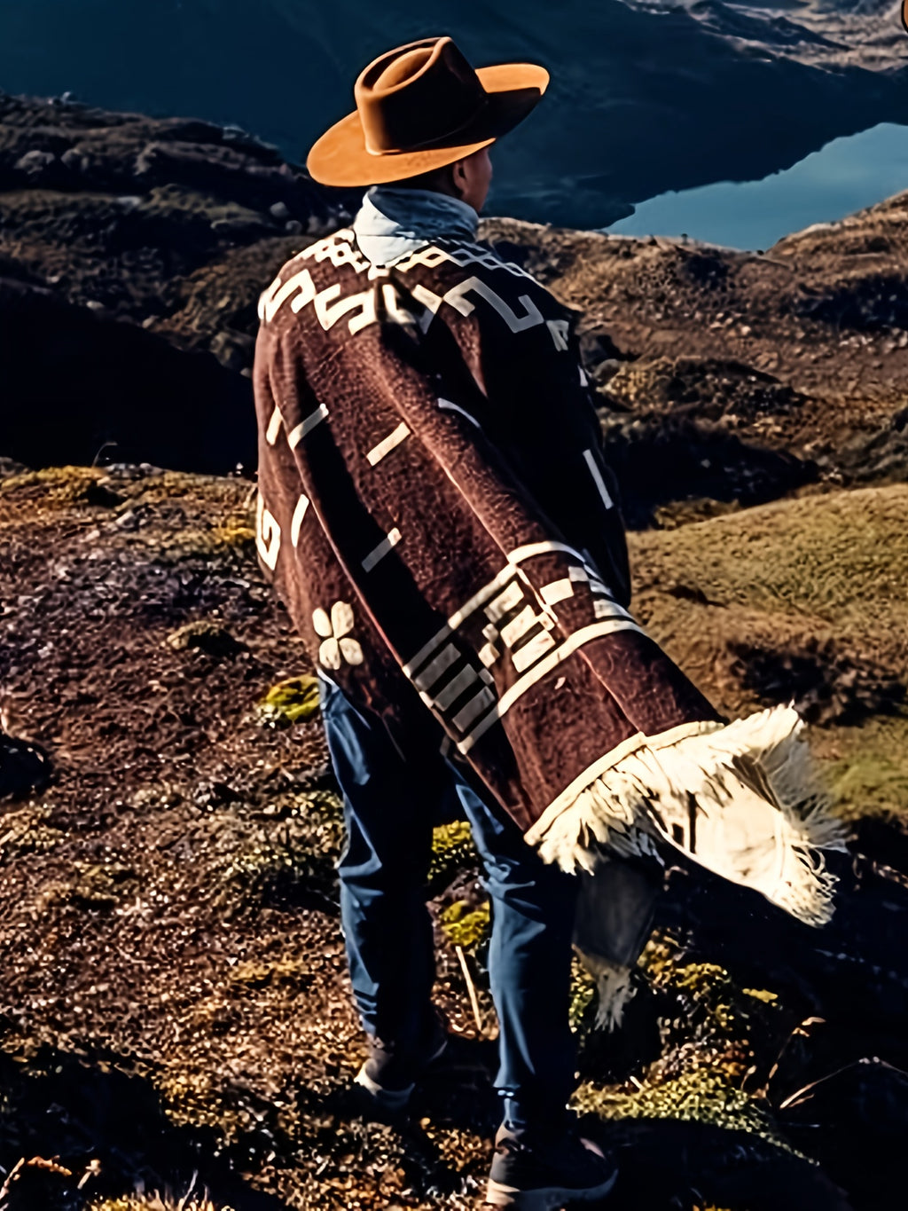 Men's Western Bandit Cape Coat with Tribal Print, Warm V-Neck Poncho with Tassel Trim for Outdoor Adventures, Fall and Winter Casual Wear (Brown\u002F White)