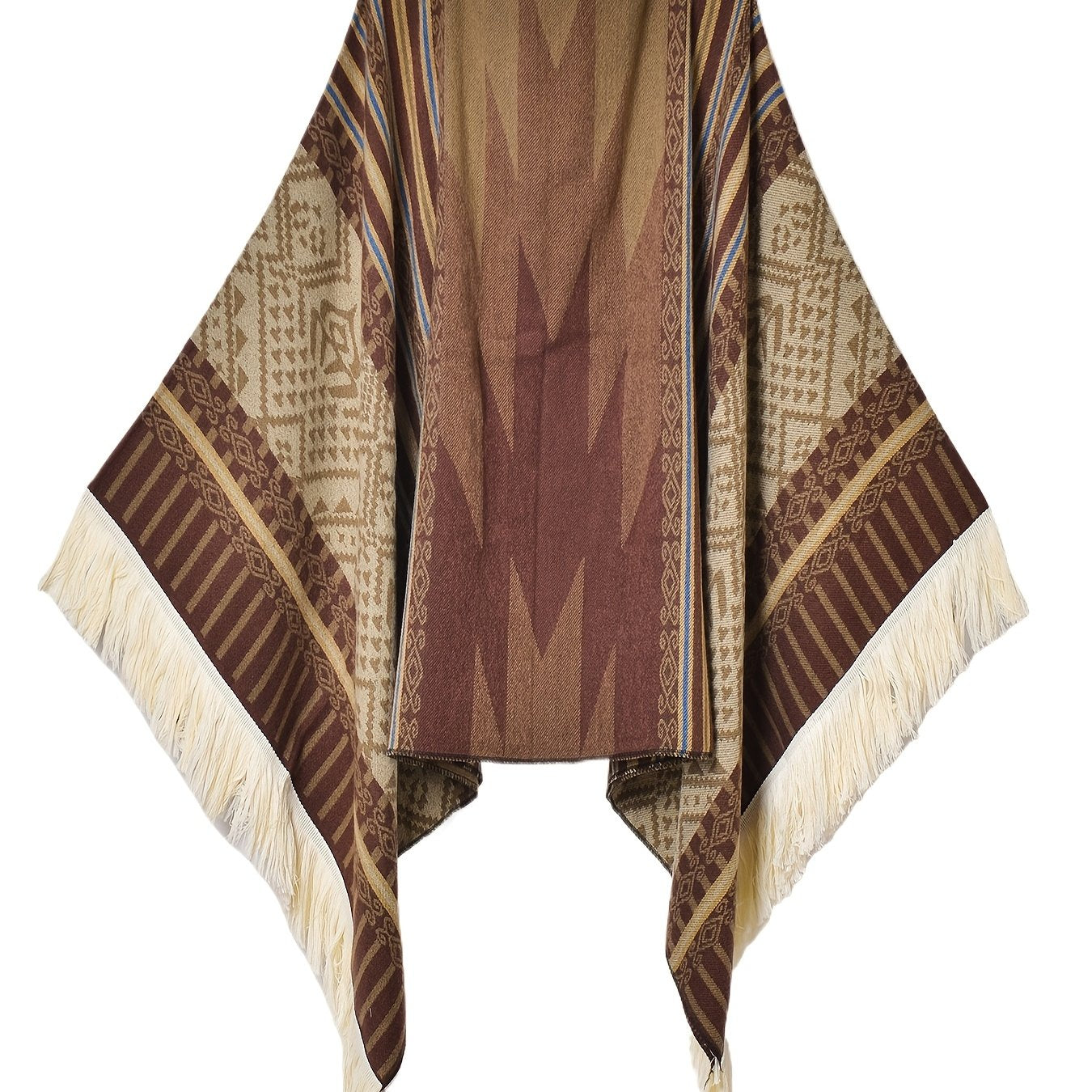 Men's Western Bandit Cape Coat with Tribal Print, Warm V-Neck Poncho with Tassel Trim for Outdoor Adventures, Fall and Winter Casual Wear (Brown\u002F White)