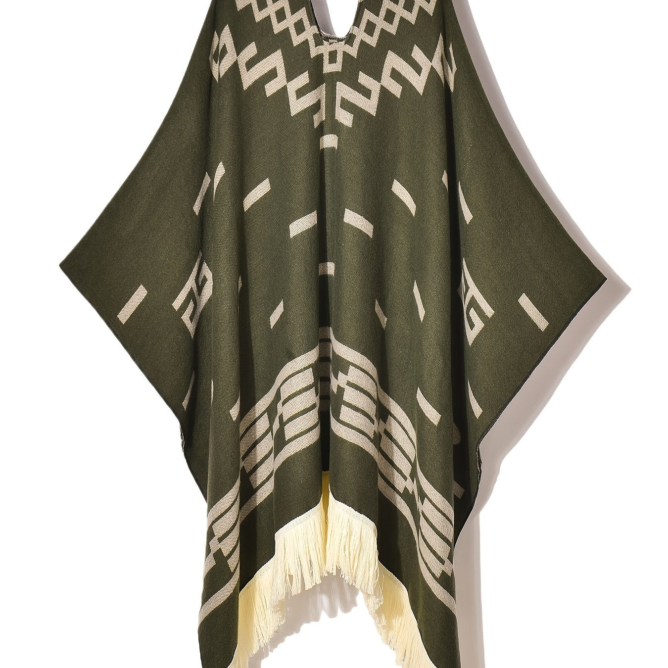 Men's Western Bandit Cape Coat with Tribal Print, Warm V-Neck Poncho with Tassel Trim for Outdoor Adventures, Fall and Winter Casual Wear (Brown\u002F White)