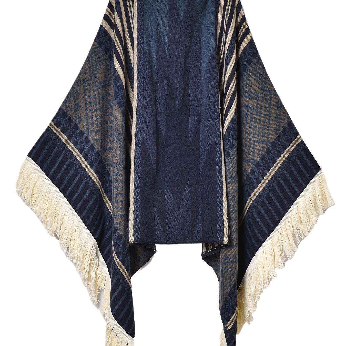 Men's Western Bandit Cape Coat with Tribal Print, Warm V-Neck Poncho with Tassel Trim for Outdoor Adventures, Fall and Winter Casual Wear (Brown\u002F White)