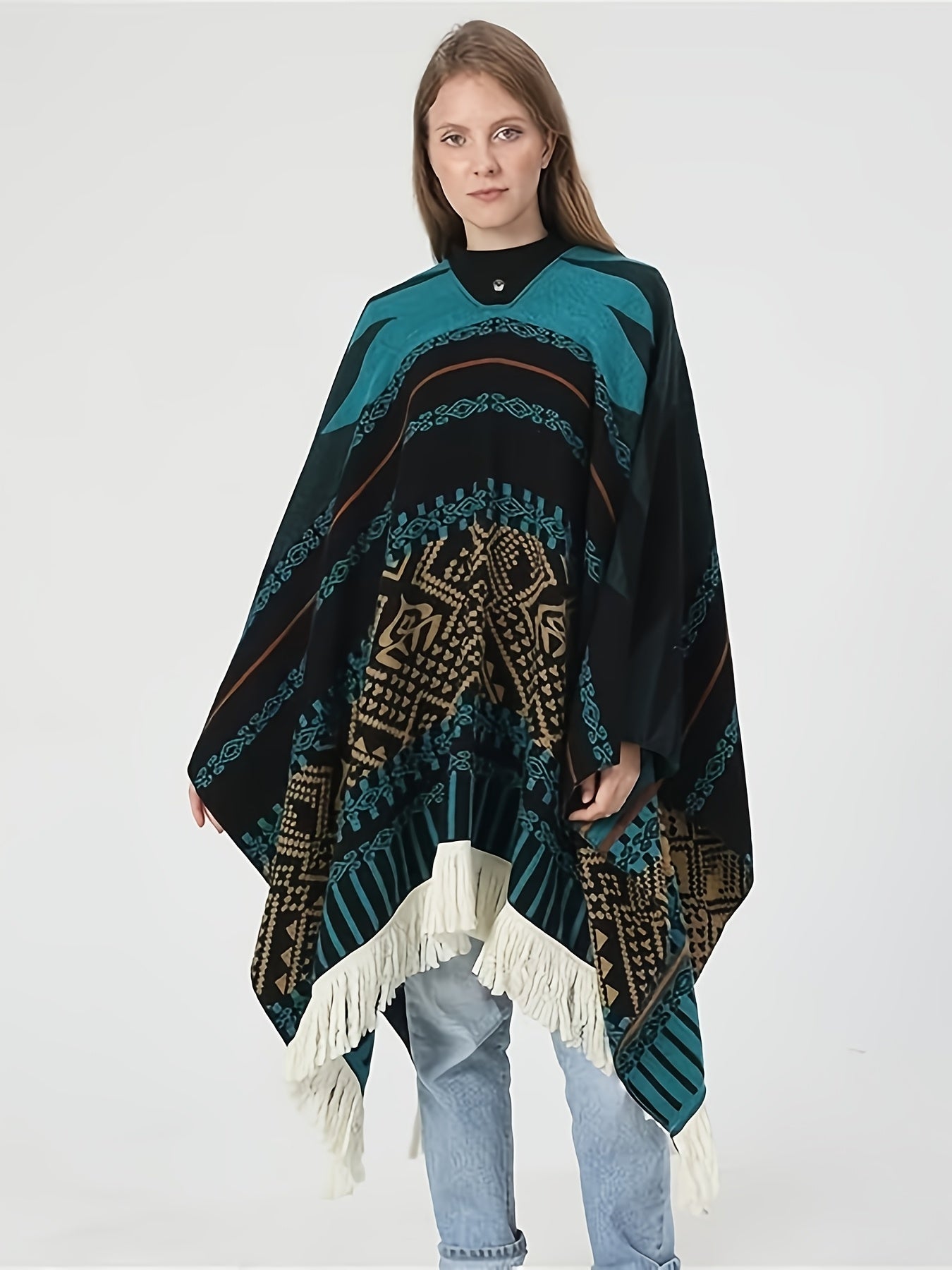 Men's Western Bandit Cape Coat with Tribal Print, Warm V-Neck Poncho with Tassel Trim for Outdoor Adventures, Fall and Winter Casual Wear (Brown\u002F White)