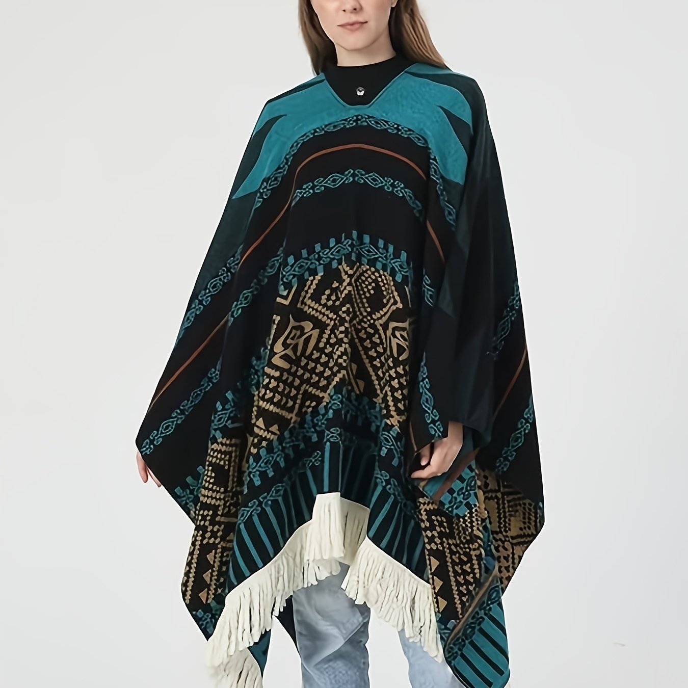 Men's Western Bandit Cape Coat with Tribal Print, Warm V-Neck Poncho with Tassel Trim for Outdoor Adventures, Fall and Winter Casual Wear (Brown\u002F White)