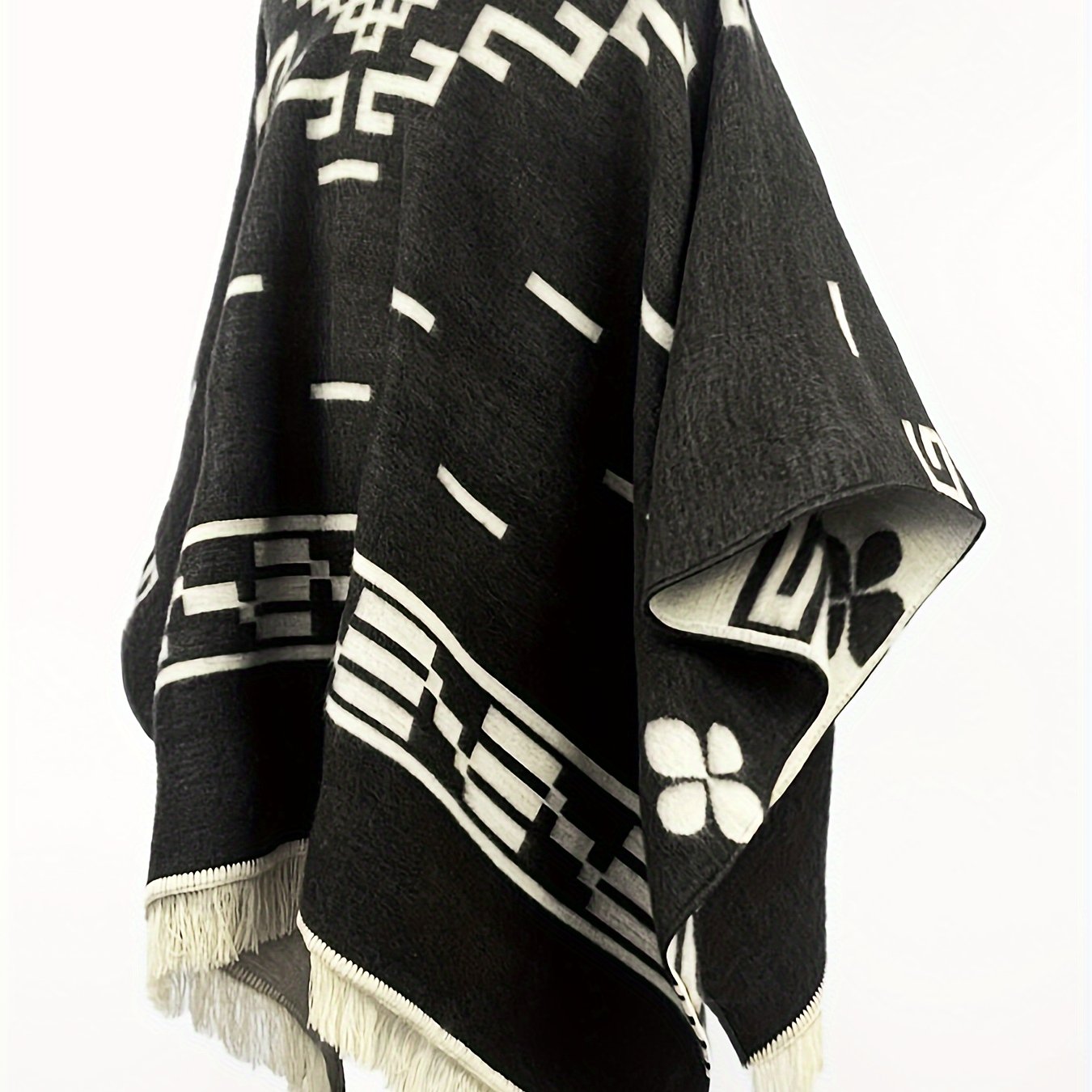 Men's Western Bandit Cape Coat with Tribal Print, Warm V-Neck Poncho with Tassel Trim for Outdoor Adventures, Fall and Winter Casual Wear (Brown\u002F White)