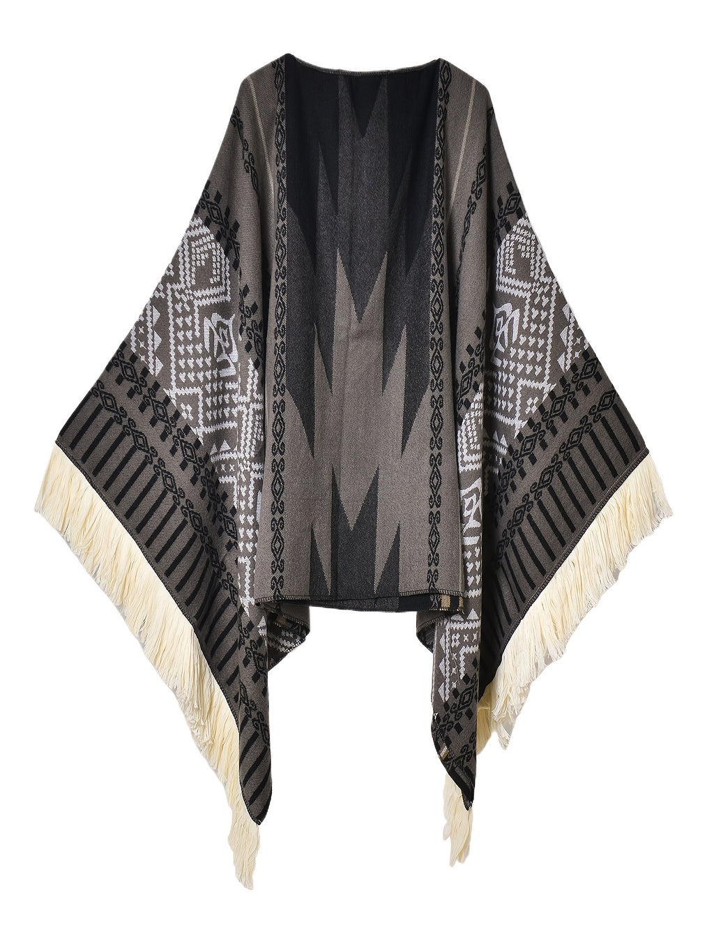 Men's Western Bandit Cape Coat with Tribal Print, Warm V-Neck Poncho with Tassel Trim for Outdoor Adventures, Fall and Winter Casual Wear (Brown\u002F White)
