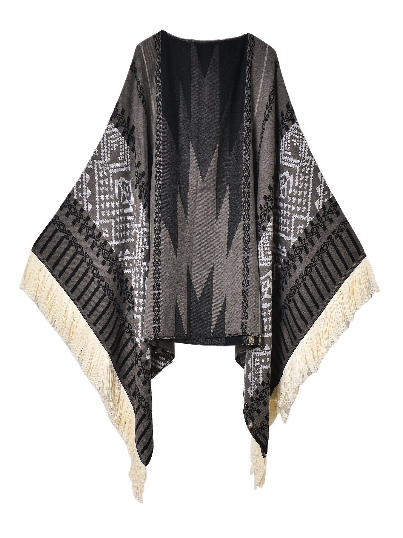 Men's Western Bandit Cape Coat with Tribal Print, Warm V-Neck Poncho with Tassel Trim for Outdoor Adventures, Fall and Winter Casual Wear (Brown\u002F White)