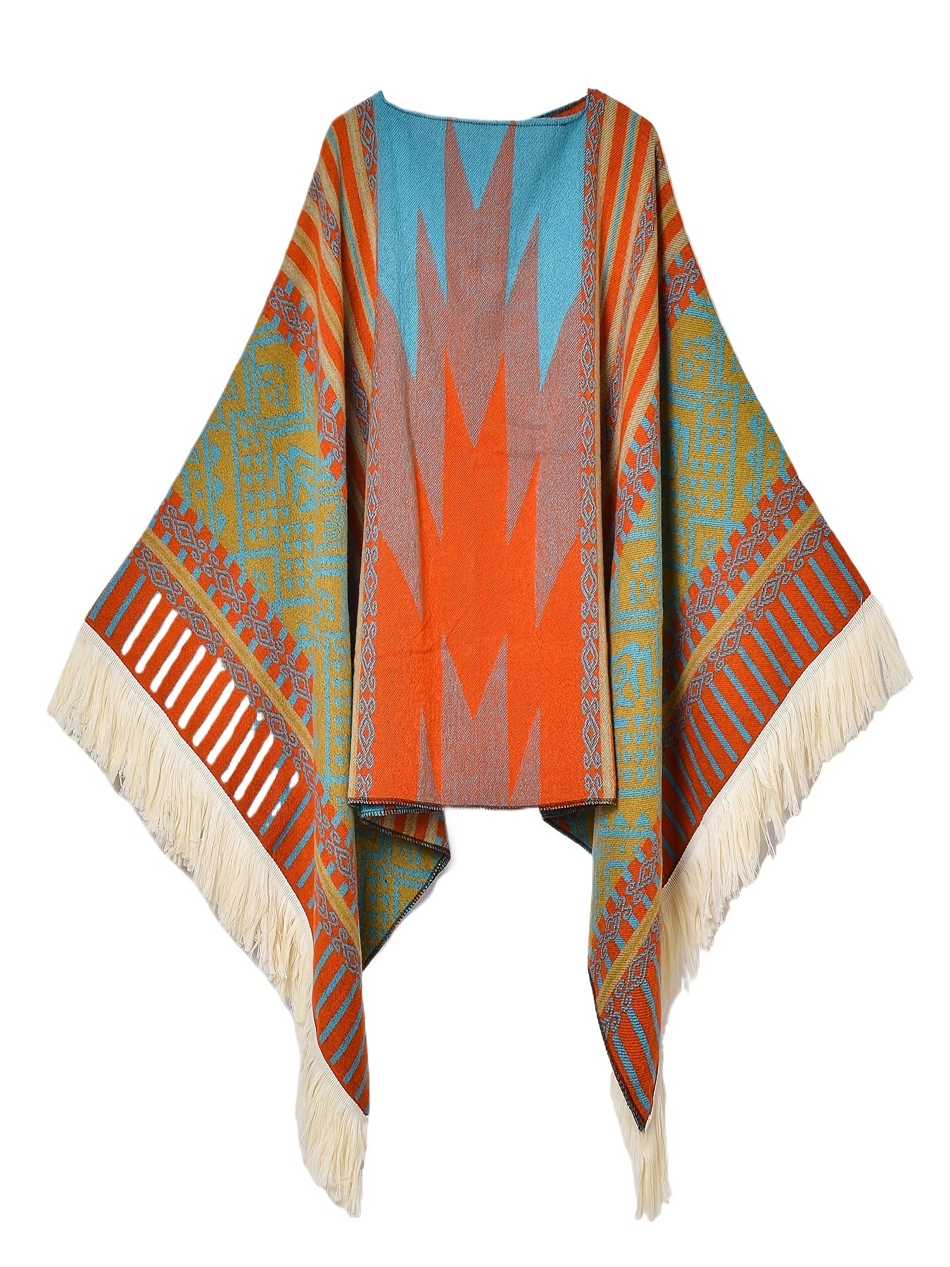 Men's Western Bandit Cape Coat with Tribal Print, Warm V-Neck Poncho with Tassel Trim for Outdoor Adventures, Fall and Winter Casual Wear (Brown\u002F White)