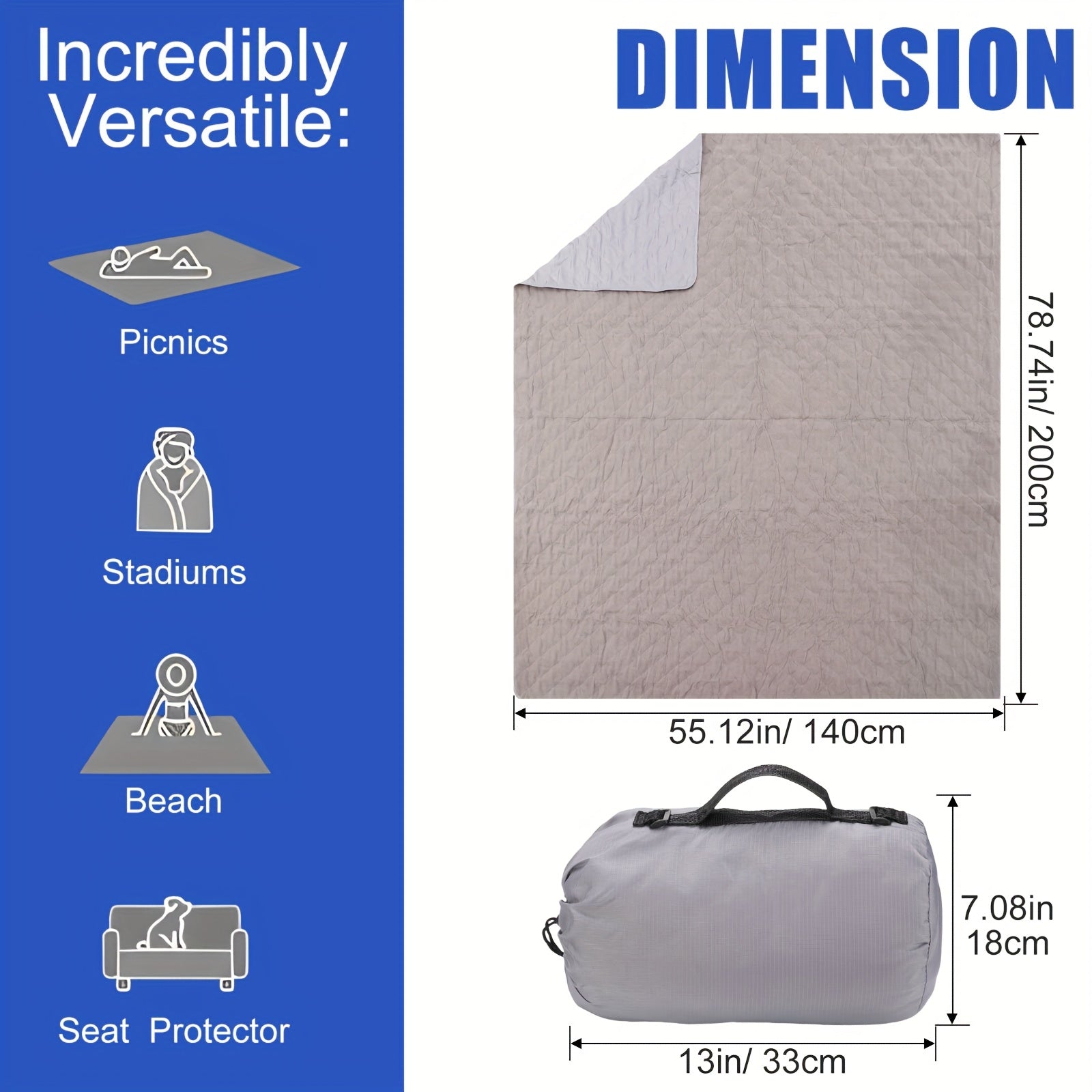 2 Large Outdoor Blanket 78'' X 55'' Quilted Windproof High Quality Fleece Sandproof Stadium Foldable Warm Blanket for Camping Picnic Sporting Events Cold Weather (Gray)