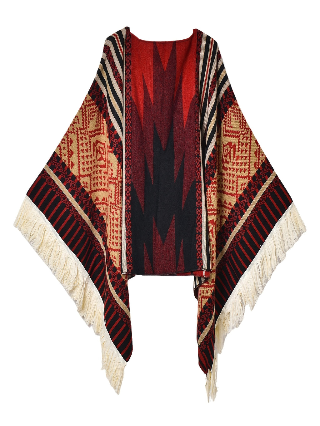Men's Western Bandit Cape Coat with Tribal Print, Warm V-Neck Poncho with Tassel Trim for Outdoor Adventures, Fall and Winter Casual Wear (Brown\u002F White)