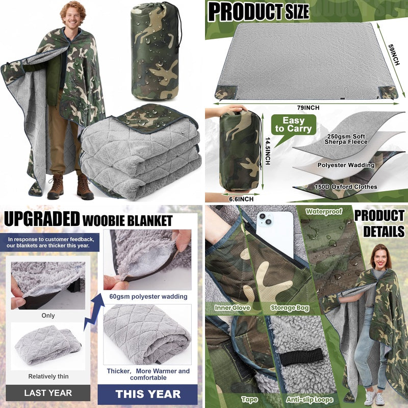 XL Camo Woobie Blanket Heavy-Duty High Quality & Windproof - Sherpa Lining, Extra-Thick, Outdoor Survival Bed for Hunting, Camping, Stadium Events - Suitable for s &, Picnic, Cold Weather
