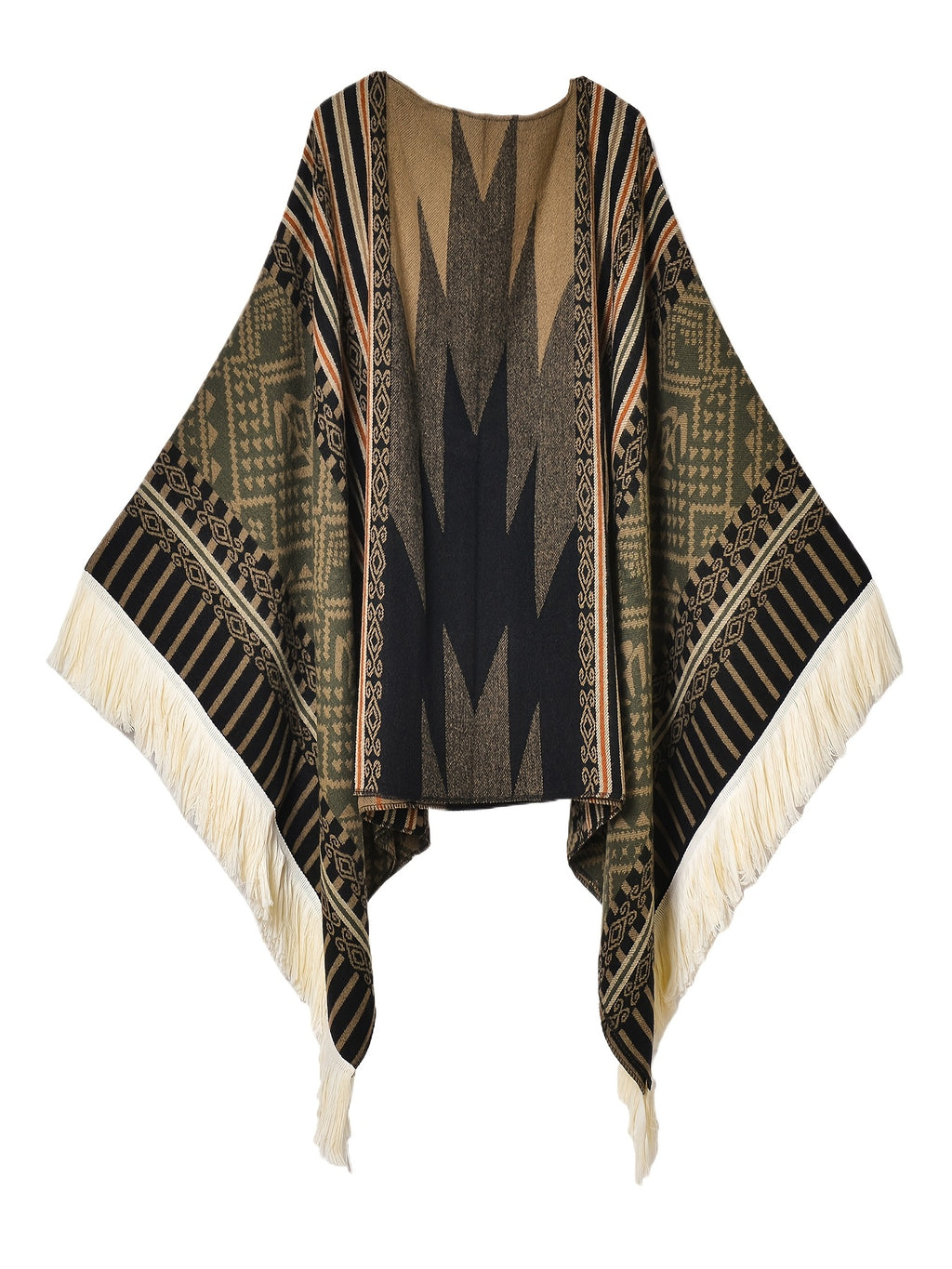 Men's Western Bandit Cape Coat with Tribal Print, Warm V-Neck Poncho with Tassel Trim for Outdoor Adventures, Fall and Winter Casual Wear (Brown\u002F White)