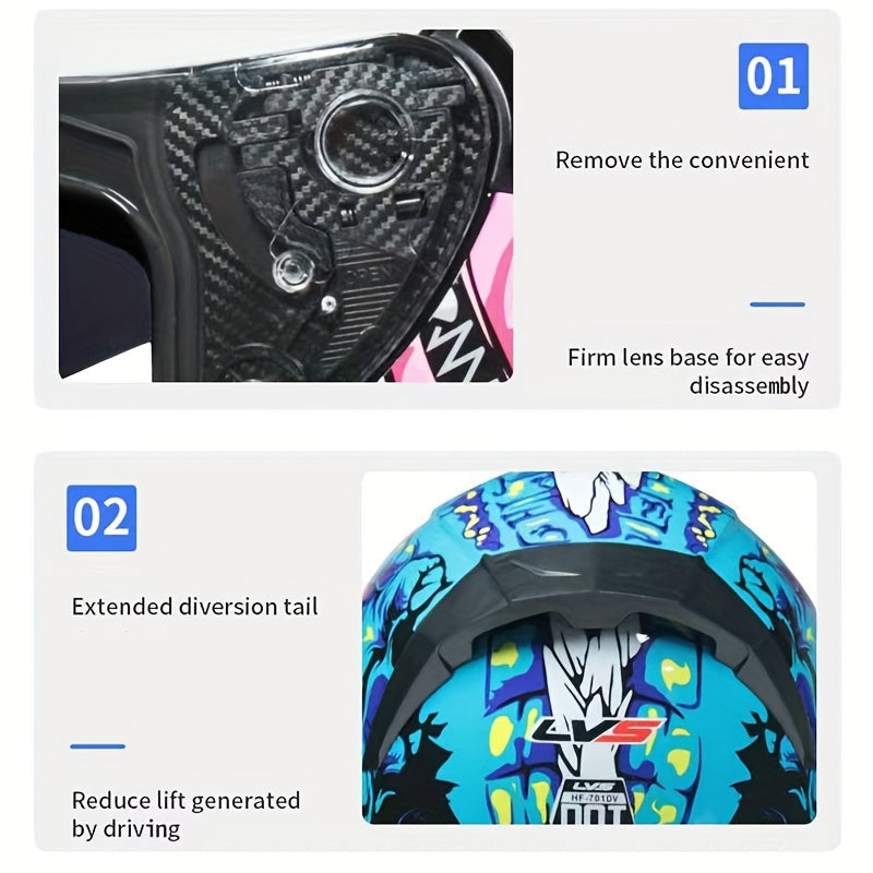 Unisex Full Face Motorcycle Helmet with Stylish Graphics - ABS Shell, Dual Visor & Ventilation System, Quick-Release Buckle