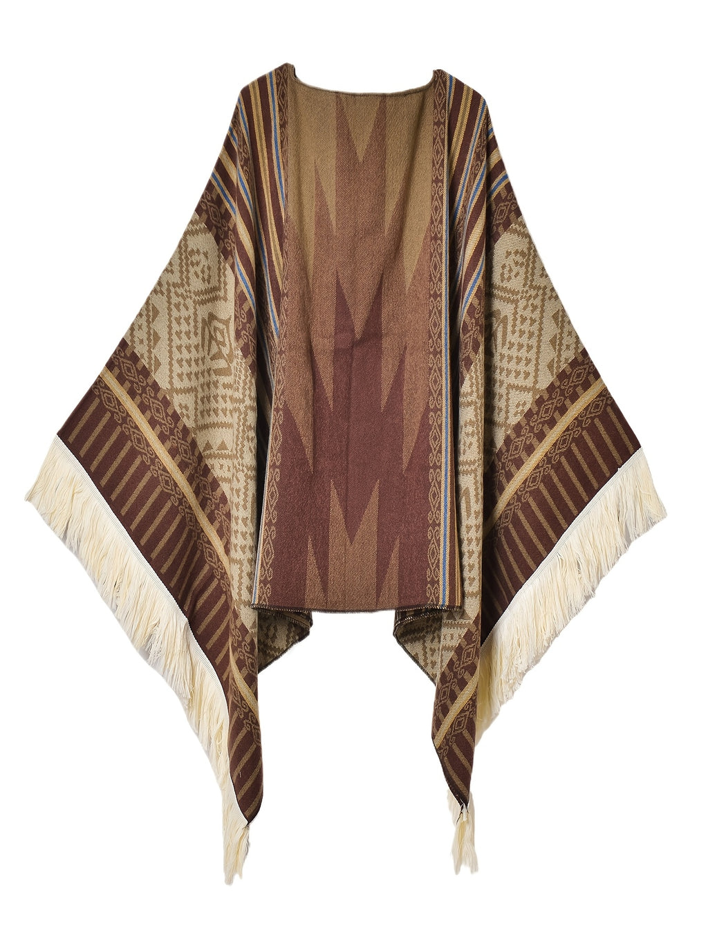 Men's Western Bandit Cape Coat with Tribal Print, Warm V-Neck Poncho with Tassel Trim for Outdoor Adventures, Fall and Winter Casual Wear (Brown\u002F White)