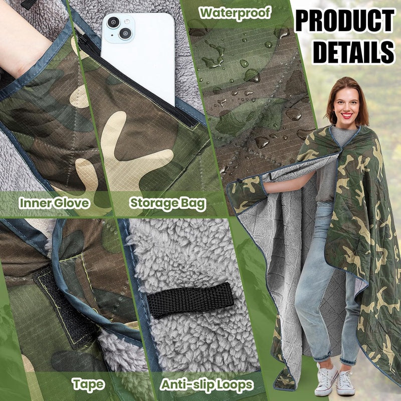 XL Camo Woobie Blanket Heavy-Duty High Quality & Windproof - Sherpa Lining, Extra-Thick, Outdoor Survival Bed for Hunting, Camping, Stadium Events - Suitable for s &, Picnic, Cold Weather