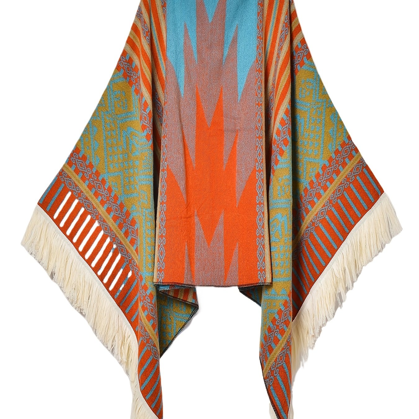 Men's Western Bandit Cape Coat with Tribal Print, Warm V-Neck Poncho with Tassel Trim for Outdoor Adventures, Fall and Winter Casual Wear (Brown\u002F White)