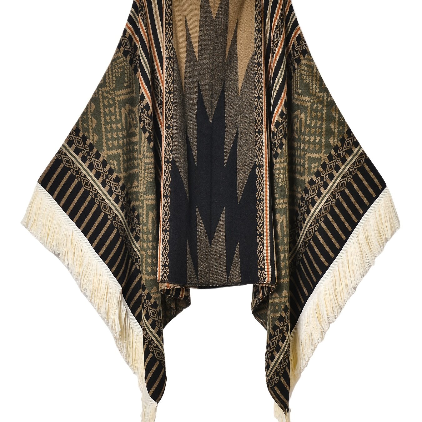 Men's Western Bandit Cape Coat with Tribal Print, Warm V-Neck Poncho with Tassel Trim for Outdoor Adventures, Fall and Winter Casual Wear (Brown\u002F White)